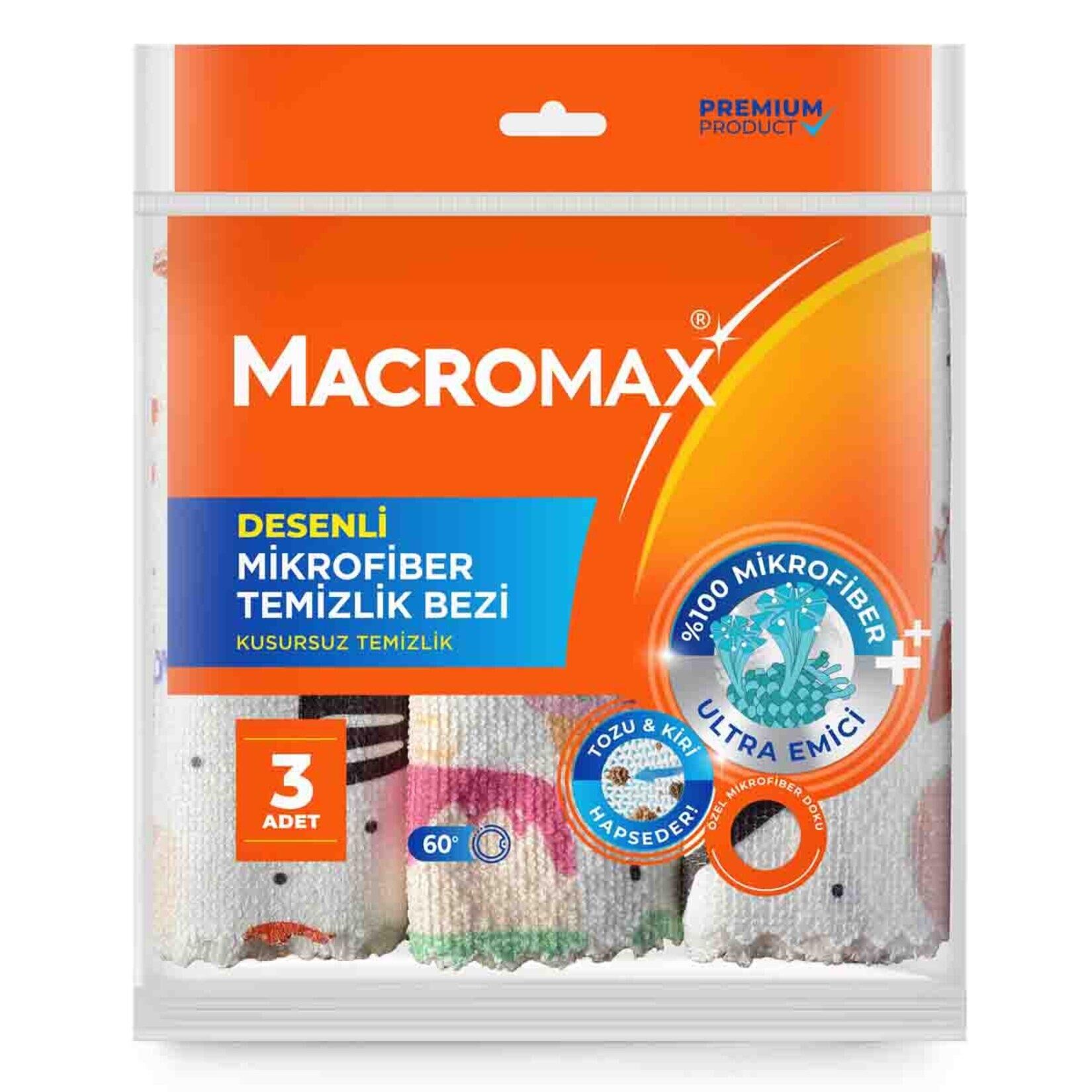 MACROMAX DESENLİ MİKROFİBER TEMİZLİK BEZİ 3LÜ