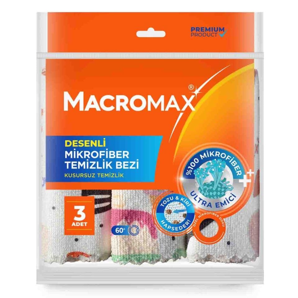 MACROMAX DESENLİ MİKROFİBER TEMİZLİK BEZİ 3LÜ